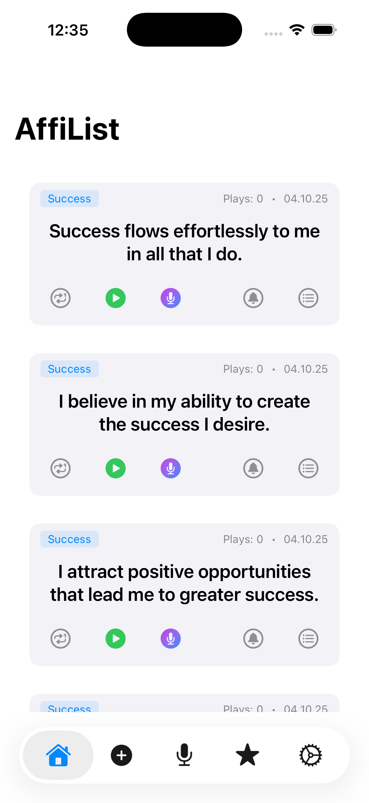 AffiList App - Record Affirmations with AI Generator on iPhone
